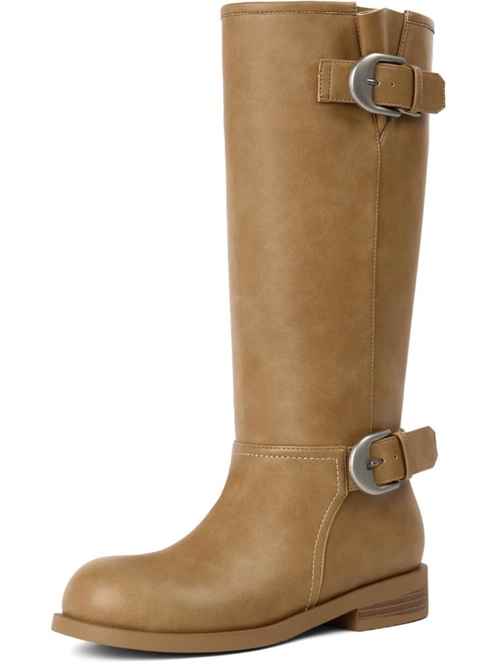 🆕Women's Brown Knee High Boots Round Toe Low Block Heel Combat Tall Boots